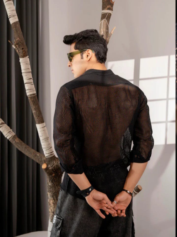 Streak Hawk Crochet Cotton Jet Black Net Lace Shirt For Men